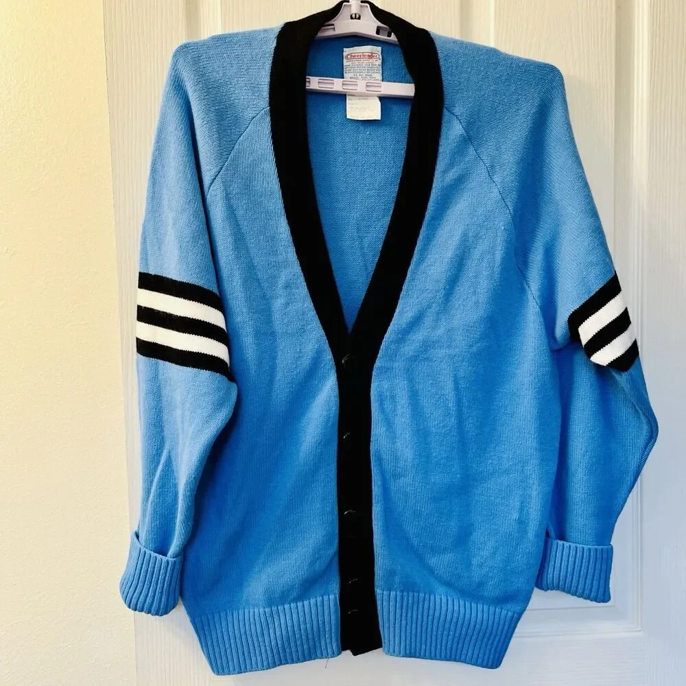Vtg Varsity Cardigan Sweater L Blue Cheerleader Supply USA Orlon Acrylic Stripes